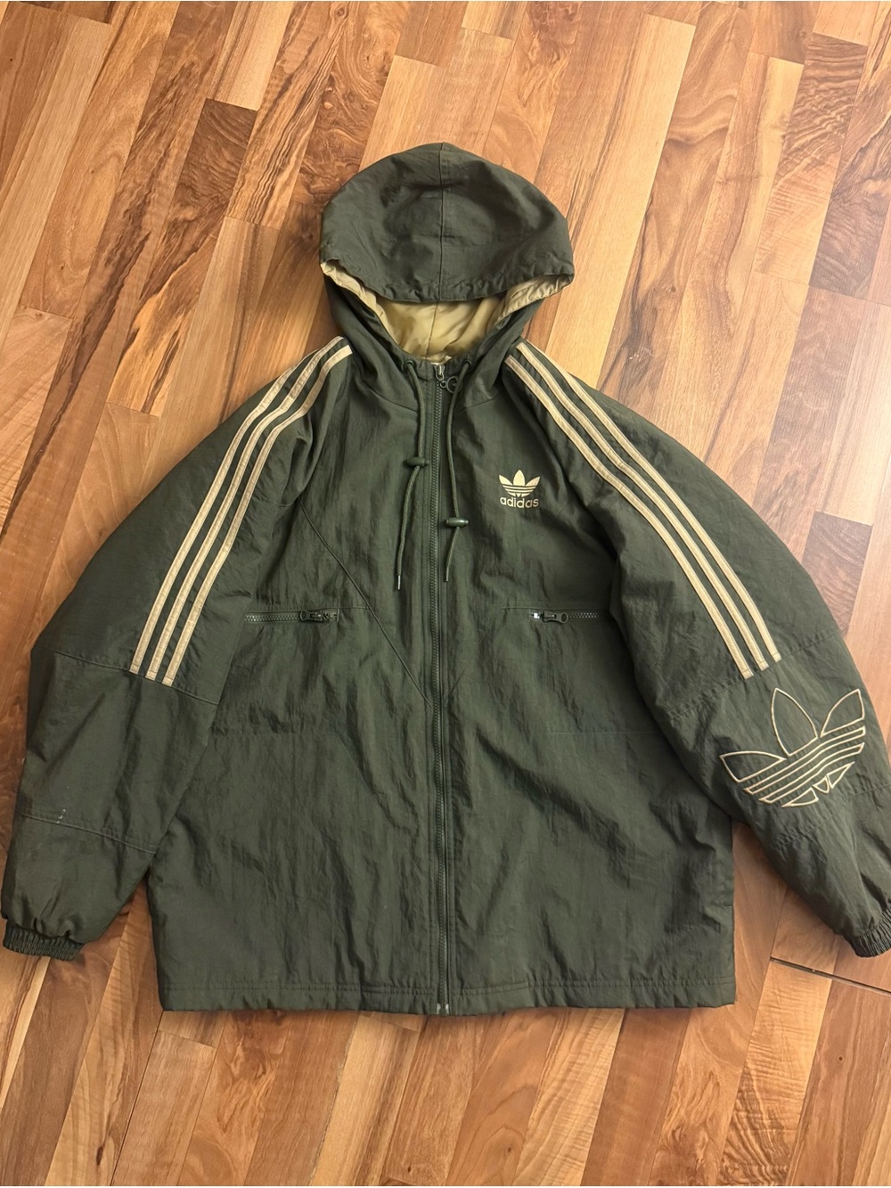 Vintage Adidas Men's Olive Green Hooded Jacket